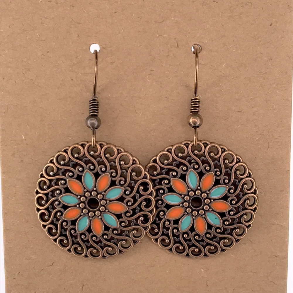 Vintage Floral Bronze Earrings with Turquoise and Orange Accents Fashion Jewelry - Picture 4 of 4